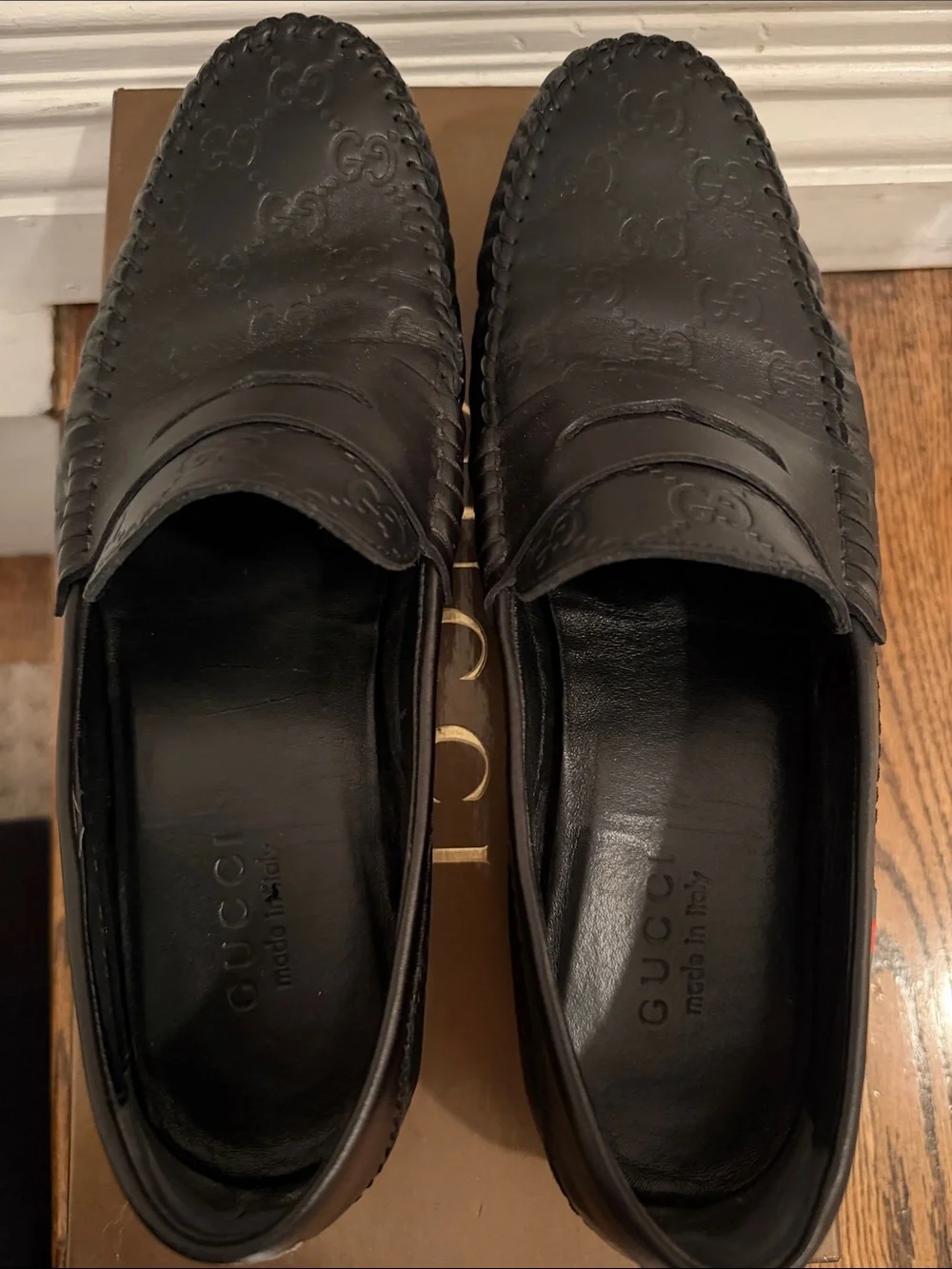 Authentic Gucci Black Embossed GG Leather Penny Loafers size 8 1/2